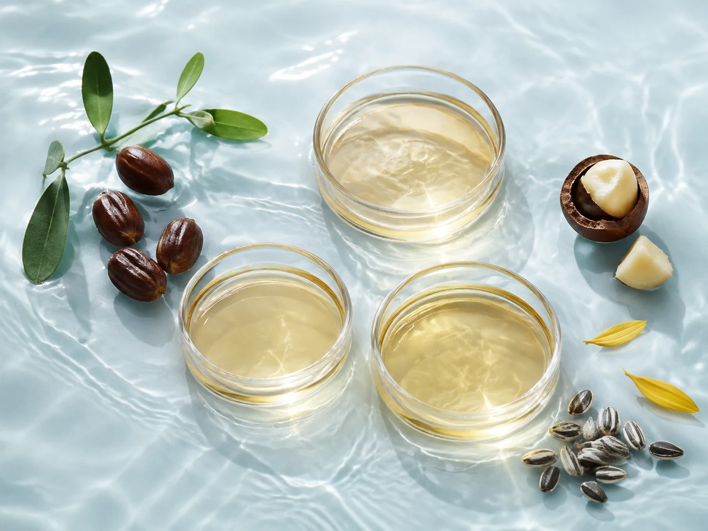 유리 접시의 식물성 오일과 호호바·마카다미아·해바라기 원료